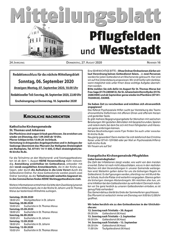 Mitteilungsblatt Pflugfelden und Weststadt